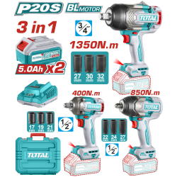 < 請洽各經銷商 >TOTAL  20V 無刷衝擊板手三合一組套 (UTOSLI250386)