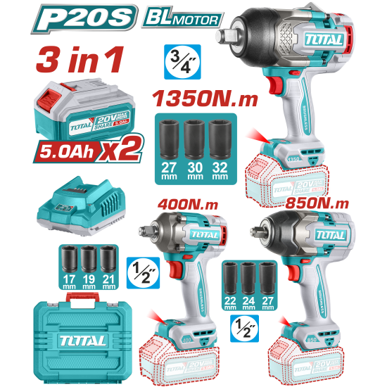 < 請洽各經銷商 >TOTAL  20V 無刷衝擊板手三合一組套 (UTOSLI250386)
