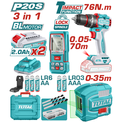 20V震動電鑽76Nm+綠光十字墨線儀水平+70m測距儀組-雙2A 47件綜合配件組+磁磚鑽頭 (UTOSLI250511)