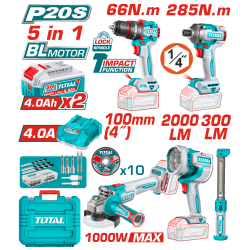 TOTAL 20V 電鑽起子砂輪工作燈五件組(UTOSLI25069210)