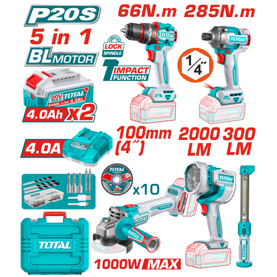 TOTAL 20V 電鑽起子砂輪工作燈五件組(UTOSLI25069210)