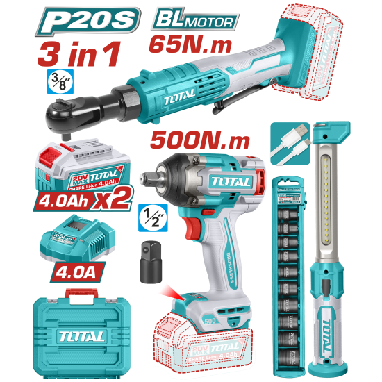 TOTAL 鋰電500N.m扳手+棘輪扳手-雙4A組 (UTOSLI250981)
