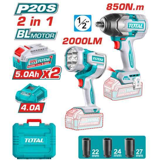 TOTAL 鋰電850N.m扳手+工作燈-雙5A組 (UTOSLI2509838)