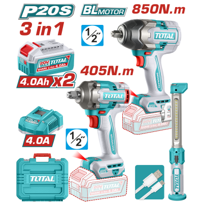 充電式衝擊扳手機 20V 850+405牛頓/4分+工作燈 -雙4.0Ah 三機組 (UTOSLI260285)