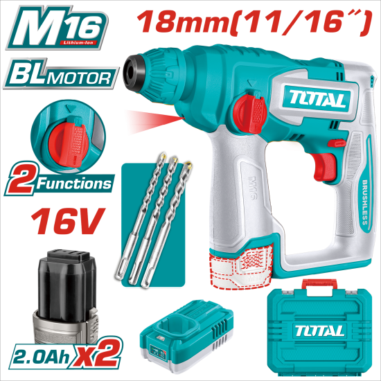 TOTAL 16V 鋰電無刷單手電動鎚鑽 (UTRHLI16168)