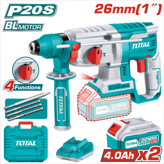 < 請洽各經銷通路 > TOTAL 鋰電無刷免出力鎚鑽 20V <雙4A套組> (UTRHLI202287)