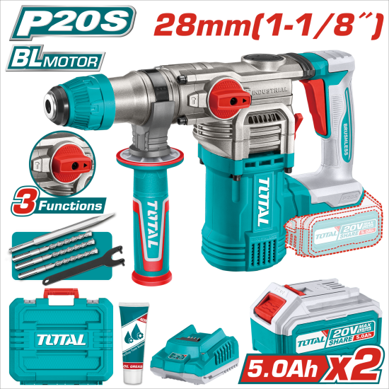 <請洽各經銷商>TOTAL 20V 鋰電無刷免出力鎚鑽 28mm (UTRHLI202885)