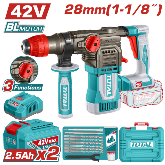 TOTAL 42V 鋰電電鎚28mm -雙2.5A套組(UTRHLI422882)